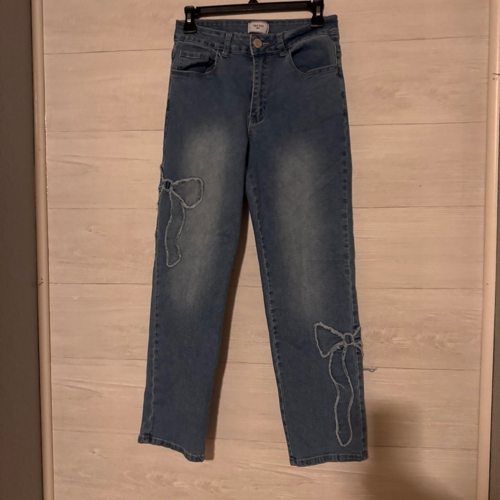 Classic Blue Straight Leg Jeans with Bow Accents